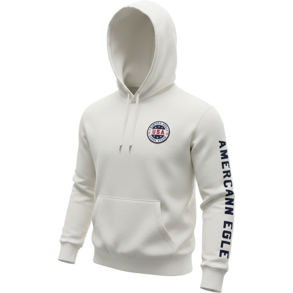 American Eagle USA Seven Seven Hoodie Mens Medium Off White Spellout Sleeve M